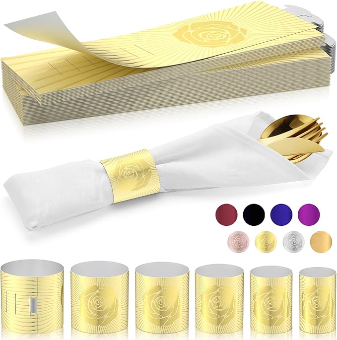 Christmas Napkin Rings Set of 100, 2 Colors in 1, Reusable Adjustable Napkin Bands for Holiday Parties, Wedding, Thanksgiving Table Decor, Waterproof Tear-Proof (Gold) Great Gift Idea