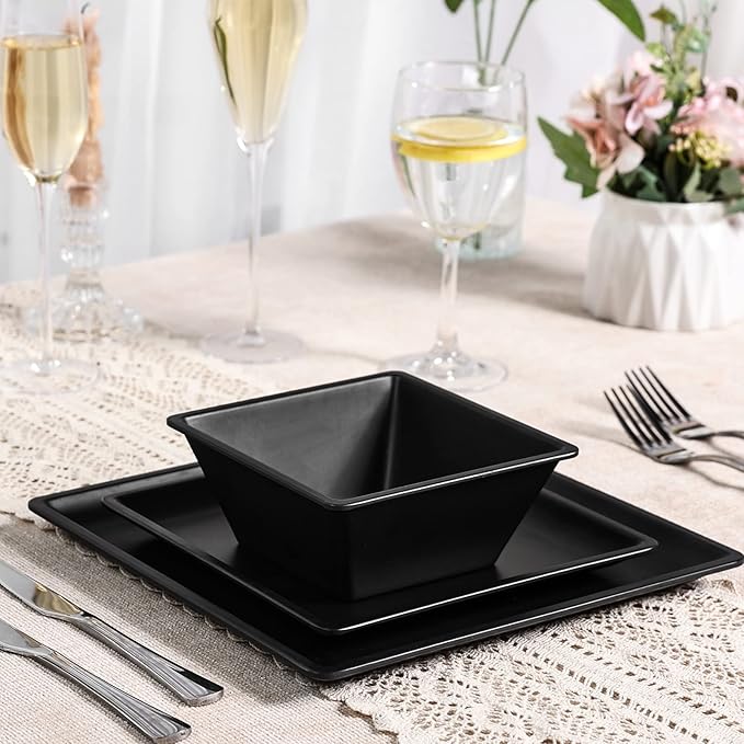 12 Piece Melamine Plates and Bowls Sets Square Dinner Set with Plates, Dishes, Bowls, Black Square Dinnerware Sets -Serving Platers for 4 Dishwasher Safe