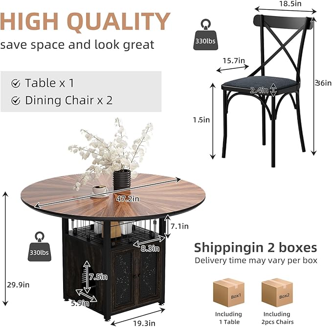 47" Round Dining Table Set for 4-6 People, Large Farmhouse Kitchen Dining Table Set with Chairs and Storage Rack, Metal Base Round Table for Home Dining Room Living Room (Cat table and 2 black chairs)