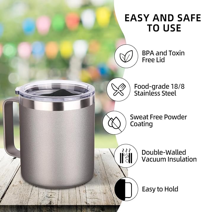 Volhoply 14oz Insulated Stainless Steel Coffee Mug with Lid Bulk 8 Pack,Double Wall Vacuum Travel Coffee Cup with Handle,Reusable Metal Cups Tumbler,Camping Mugs Keep Hot,Ideal Gifts(Gray,8 Set)