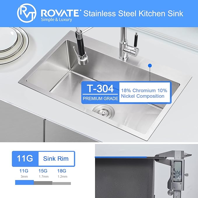 ROVATE 28 ×18 Inch Drop-in Kitchen Sink 304 Stainless Steel Single Bowl, Handmade 18 Gauge 9 Inches Deep Kitchen Sink Topmount with Basket Strainer