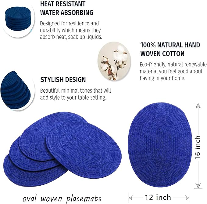 Braided Placemats Set of 6, Cotton Fabric Oval Table Mats Non Slip Washable 16 * 12 inch Oval Place Mats, 6 Pack Blue Woven Placemats