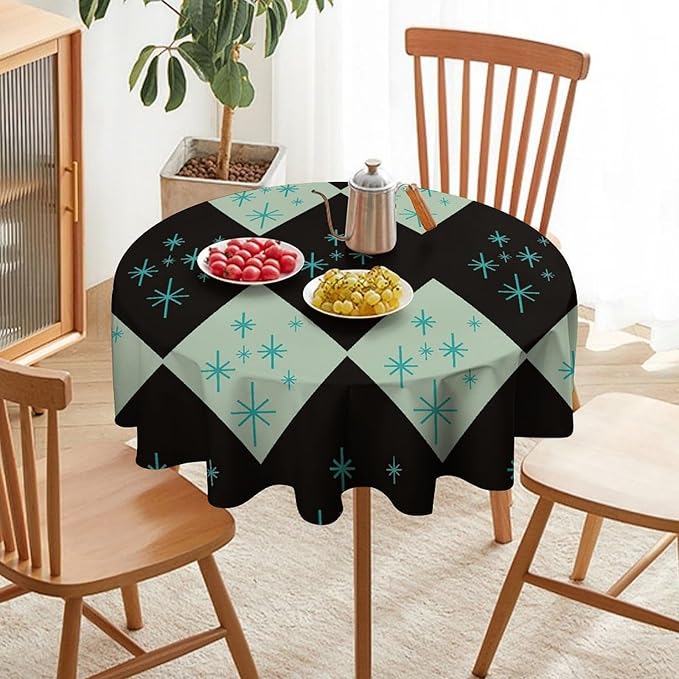 Retro Bohemian Mid Century Round Tablecloth, Abstract Modern Geometric Mid Century Tablecloth for Home Party Dining Room Kitchen Decor 50Inch(127cm)