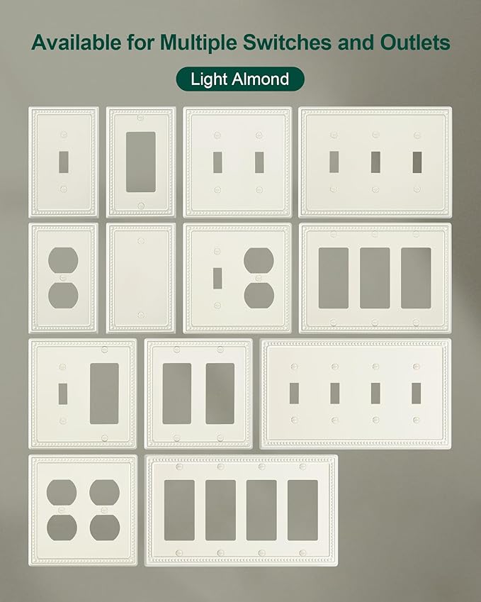 2-Pack Double Duplex Outlet Cover, Metal Switch Plates and Outlet Covers, Light Almond Pearls Decorative Wall Plates for Electrical Outlets, 2 Gang Receptacle Cover, Corrosion Resistant