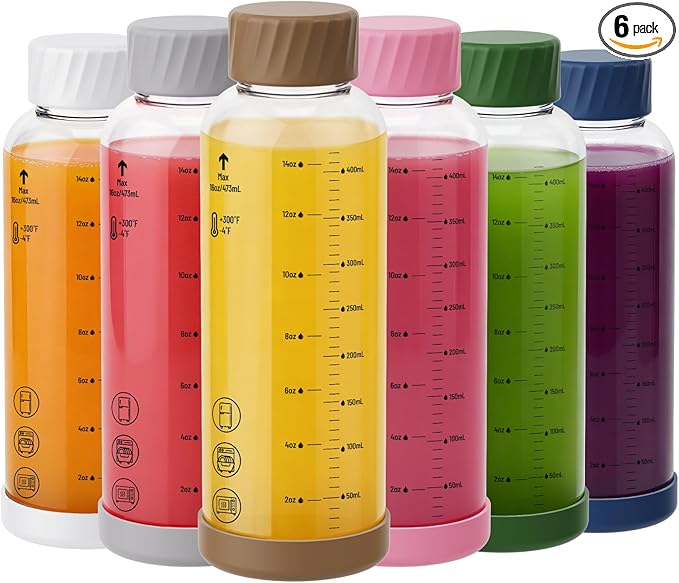 Sursip Glass Juice Bottles 6 Pack 16 oz – Reusable Glass Water Bottles with Stainless Steel Lids – Heat-Resistant Borosilicate Glass, BPA Free, Leakproof for Juicing, Smoothies, Milk, Infused Water