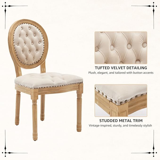 Vintage French Dining Chairs Set of 6, Round Back Velvet Upholstered Accent Chairs with Nailhead Trim and Solid Wood Frame, Elegant Sillas de Comedor for Dining Room & Kitchen, Beige