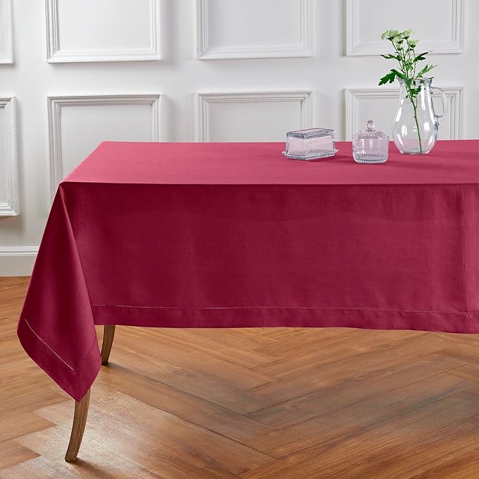 Solino Home Linen Beet Tablecloth 60 x 132 Inch - Classic Hemstitch, 100% Pure Linen Rectangular Tablecloth - Machine Washable Table Cloth for Valentines, Easter