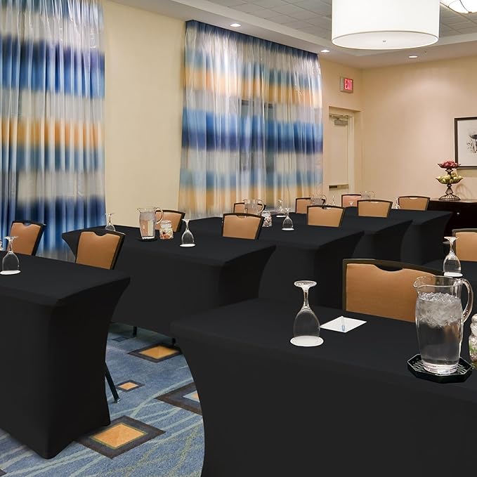 4ft Stretch Table Cover Fitted-6 Pack Black Spandex Table Cloths with Elastic-Folding Table Protector for Parties, Vendor Booth Display, Banquet Buffet Event, Graduation, Craft Trade Show