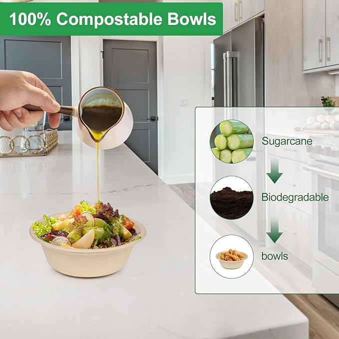 Paper Bowls 10 oz, 200 Pack Disposable Small Paper Bowls for Snacks, Salads, Hot Food, Eco-Friendly Recycled Biodegradable Compostable Bowl, Natural Brown