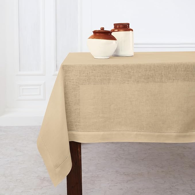 Solino Home Linen Beige Tablecloth 60 x 90 Inch - Classic Hemstitch, 100% Pure Linen Rectangular Tablecloth - Machine Washable Table Cloth for Spring, Easter