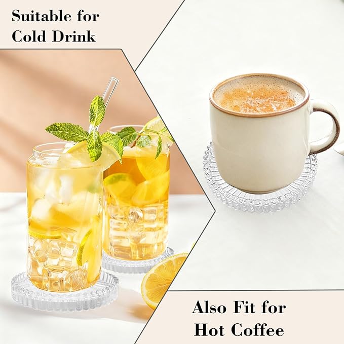 Glass Coasters Set of 4 for Drinks, Round Modern Set with Raised Edge Lip, Decorative & Aesthetic for Dining Table, Living Room, Office Desk