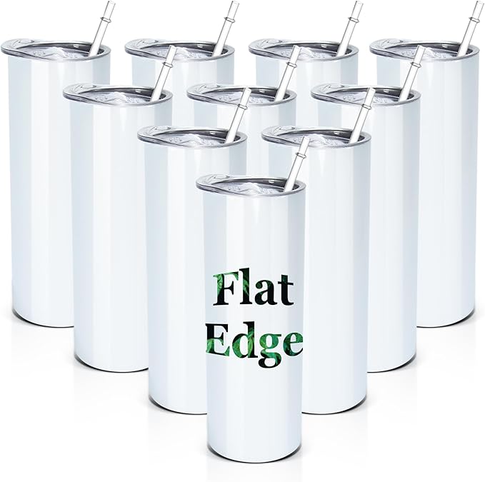 AGH 10pcs 20oz Sublimation Tumblers Bulk With Flat Edge, 20 oz Sublimation Tumbler Blank, Skinny Straight Stainless Steel Blanks Cups with Individual Box, Plastic Straw for Coffee, Drinks, DIY, Crafte