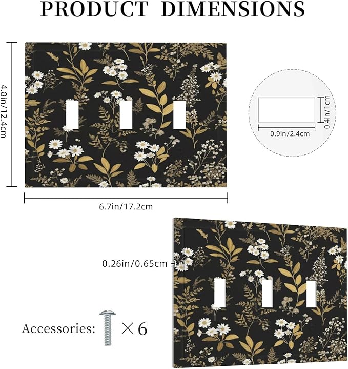 Light Switch Cover Black/Gold Boho Botanical Floral Rustic Flowers 3 Gang Wall Plate Triple Light Switch Plate Toggle Decorative Outlet Covers Electrical Switchplate for Bathroom Kitchen Decor