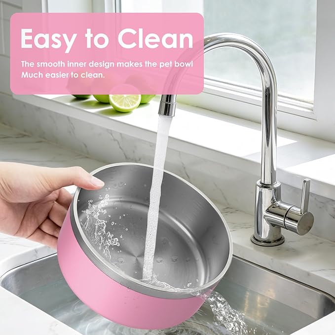 IKITCHEN Dog Bowl for Food and Water, 64 Oz Stainless Steel Pet Feeding Bowl, Durable Non-Skid Double Wall Insulated Heavy Duty with Rubber Bottom for Medium Large Dogs (64 Ounces/8 Cup, Pink)