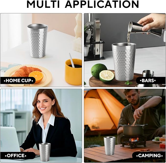 5 Pcs 12 oz Honeycomb Small Metal Cup, Double Wall Vacuum Stainless Steel Insulated Cup, Reusable Camping Cups Unbreakable Indoor Outdoor for Party, Home, Office, BBQ, Silver