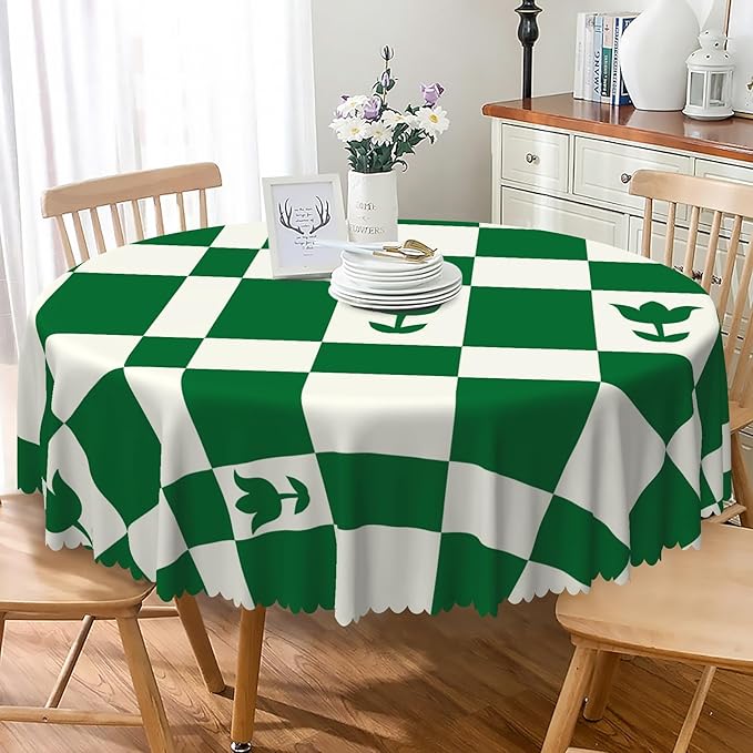 Laeacco 48 Inch Geometric Round Tablecloth Green White Plaid Square Flower Modern Abstract Art Print Table Cloth Washable Waterproof Wrinkle Free Table Cover for Kitchen Dining Picnic Party Decor