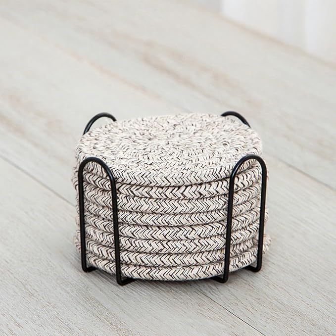 8 Pcs Drink Coasters with Holder, Handwoven Cotton Coasters Set Stackable Absorbent Minimalist Home Decor for Table, Cup, Mug (Beige)