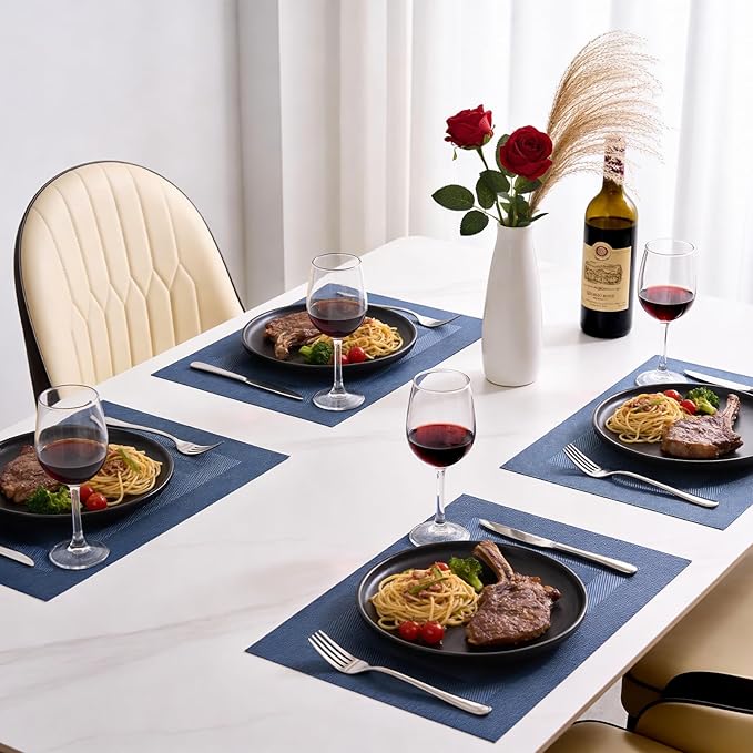 Timeet Blue Placemats Set of 4, Heat Resistant Non-Slip Place Mats, Durable Washable PVC Vinyl Woven Table Mats, Wipeable Placemats for Dining Table Easy to Clean