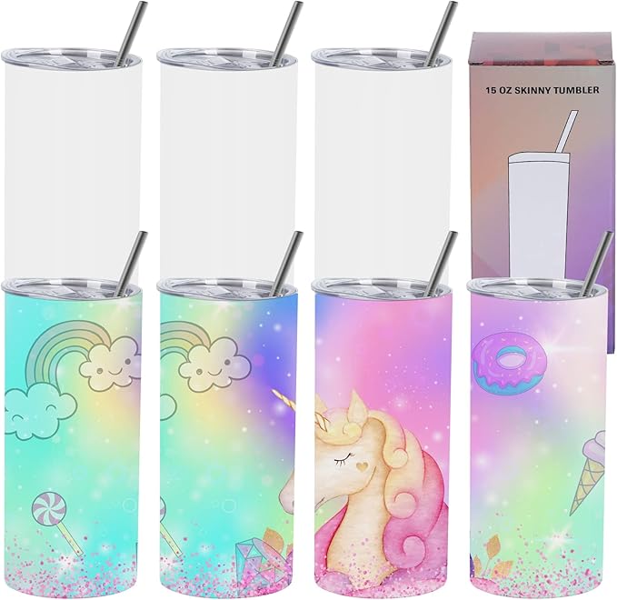 15 Oz Sublimation Tumblers Blank (8 Pack), Skinny Straight Kids Sublimation Tumblers Bulk, Individually Gift Boxed,