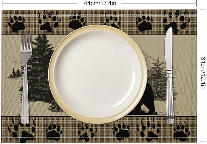 Retro Farmhouse Placemat Set, Rustic Brown Tartan Check Wildlife Bear Paw Silhouette Sketch Pine Tree Forest Pattern Home Decoration Linen Table Mats for Dining Room Kitchen Party (17x12in) x2P