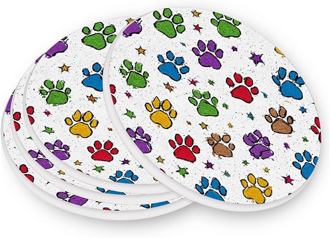 Coasters for Drinks Coaster Drink Set Decorative Coffee Table Desk Cup Mat Spring Cute Cork Bar Backing Round Home Decor Cute Colorful Paw Prints and Stars37