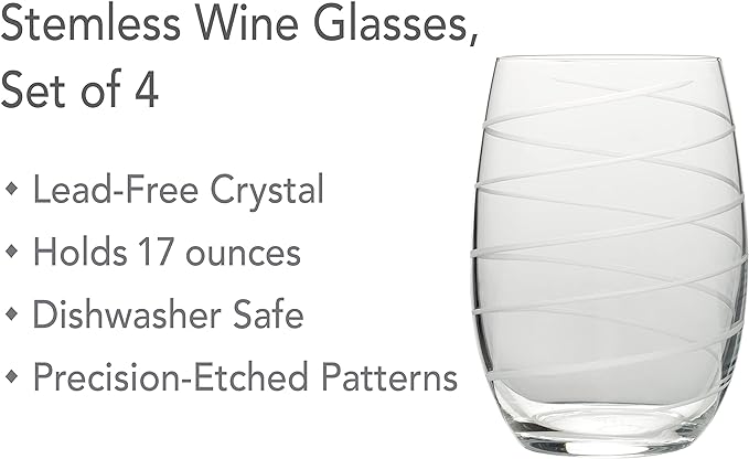 Mikasa Cheers Stemless Wine Glasses, Set of 4, 17-Ounce Clear Glasses, Durable and Elegant, Perfect for Red or White Wine, Dishwasher Safe