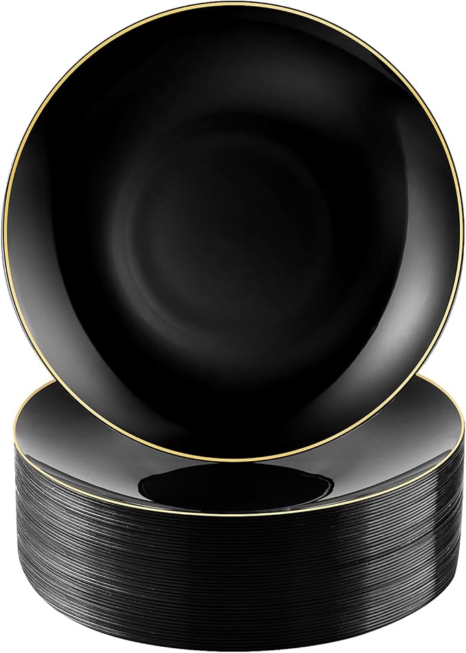 100 PCS Black Gold Plastic Plates, 10 inch Black Disposable Plates for Party, Plastic Dinner Plates for Party, Graduation, Birthday, Wedding