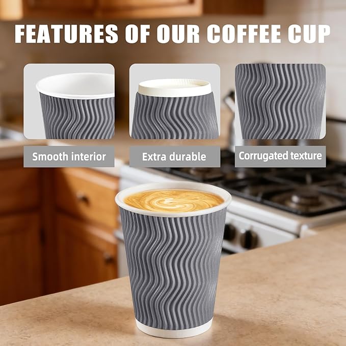 100 Pack 8 oz Coffee Cups with Lids, Disposable Insulated Hot Cups To Go Paper Coffee Cups, Corrugated Ripple Wall Cup for Hot Drink, Office, Coffee Bar (Grey 8 oz)