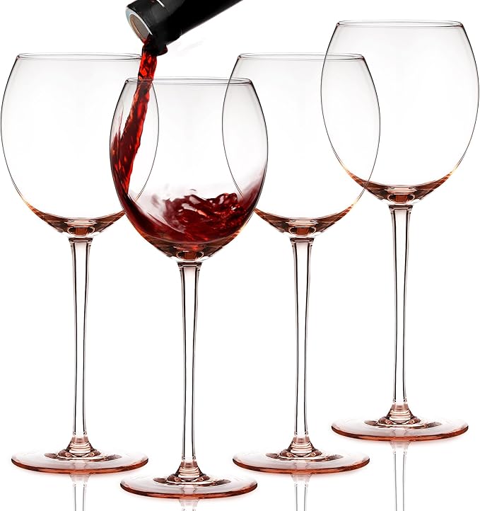 Colored Red Wine Glasses Set of 4 - Elegant Long Stem Wine Glass - 13.3oz (Rose Pink)