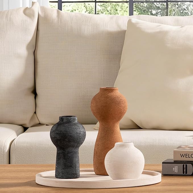 Ceramic Vase Home Table Decor - Flower Vase Set of 3 Living Room Kitchen Decorations Farmhouse Modern Rustic Vases Decorative Centerpiece for Shelf Bedroom Office Bathroom Dining Coffee Desk