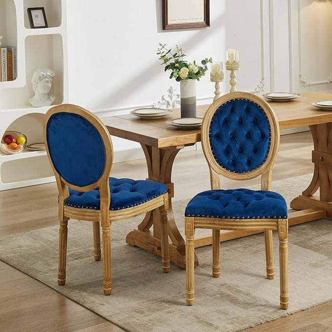 Vintage French Dining Chairs Set of 6, Round Back Velvet Upholstered Accent Chairs with Nailhead Trim and Solid Wood Frame, Elegant Sillas de Comedor for Dining Room & Kitchen, Blue