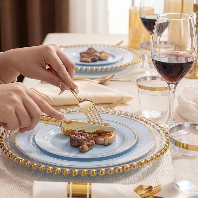 175PCS Blue Plates Disposable - Baby Blue Plastic Plates - 25Guests Plastic Dinnerware with Rolled Napkins for Wedding/Birthday/Baby Shower/Easter