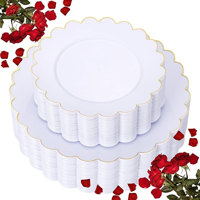 LIYH 60 Pcs Gold White Plastic Plates Scalloped Plastic Holiday Plates Disposable Gold Combo Plate Includes 30 Dessert & 30 Dinner Plate Dishes for Valentine's Day and Mother's Day