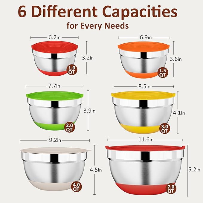 9 Pack Mixing Bowls with Airtight Lids Set, Stainless Steel Mixing Bowls with Grater Attachments, Nesting Kitchen Bowl Set with Non-Silp Bases, Size 7, 4, 3, 2, 1.5,1QT, Multi