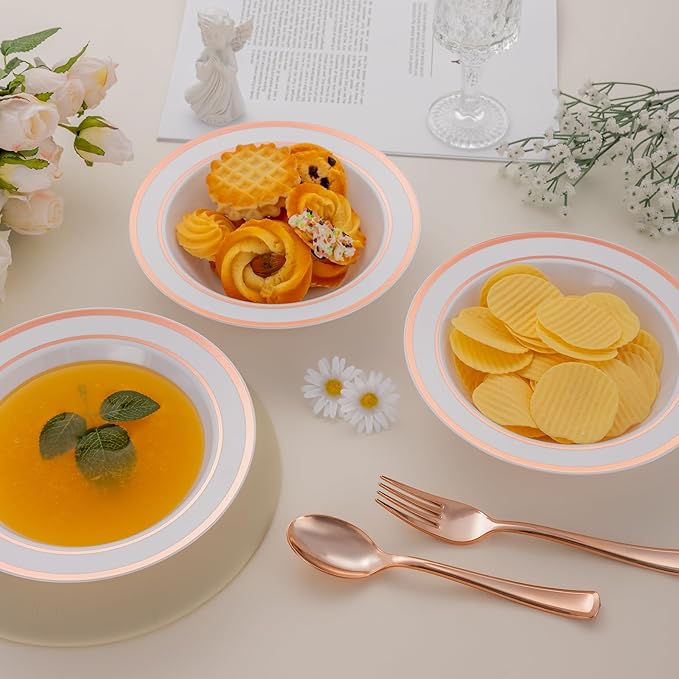 100 Pack White Disposable Soup Bowls with Rose Gold Rim,12oz Disposable Soup Bowls,Disposable Soup Dessert Salad Bowls for Wedding/Party/Catered Events/Valentine's Day