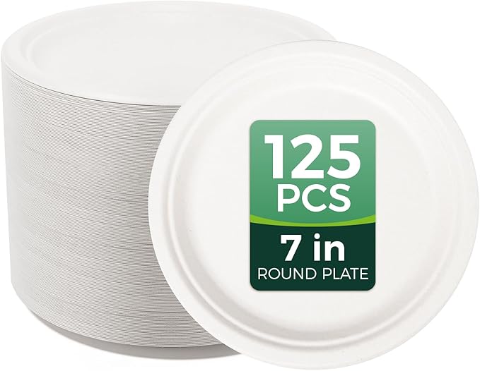 100% Compostable 7 inch Paper Plates, [125-Pack] Disposable Dessert Plates, (BPI Certified)-Heavy Duty, Eco-Friendly Small Paper Plates, Biodegradable Sugarcane Plates, white