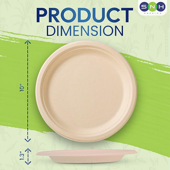 SNH Packing 100% Compostable Plates 10 Inch [125-Pack], Heavy Duty Dinner Paper Plates, Eco-Friendly Biodegradable Sugarcane Bagasse, Natural Brown Disposable Plates for Dessert, Party, BBQ & Picnic
