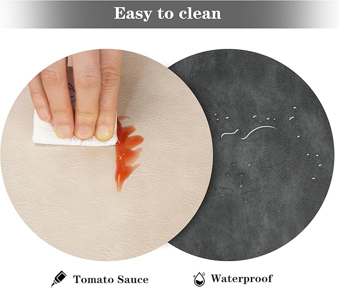 Round Placemats and Coasters Set of 4, Washable Reversible Faux Leather Placemats Cowhide Pattern Place Mats Wipeable Non-Slip 15 inch Round Kitchen Dining Table Mats (Gray Beige, 4)