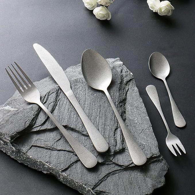 Matte Silverware Set for 6 Stainless Steel Flatware Set Vintage Style Delicate Cutlery Utensils 30 Piece Include Knives Forks and Spoons Tableware Set for Home Kitchen Wedding Restaurant