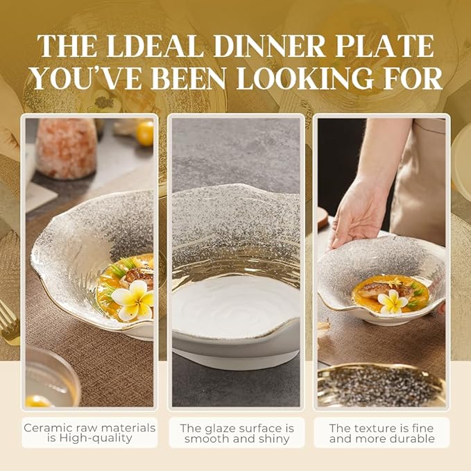 8.5-Inch Lotus Edge Ceramic Bowl, Gradient Gold Design Soup Bowl with Wavy Rim, 21.5cm Food-Safe Porcelain for Dining & Gifting