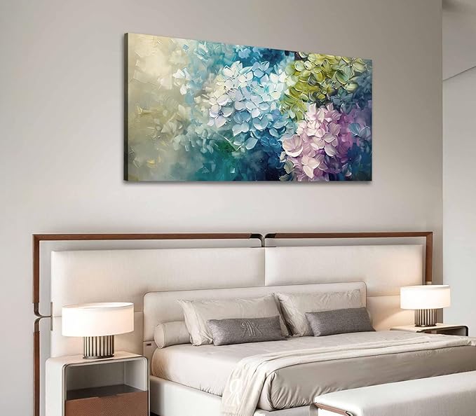 ADJUVANT Wall Art Impressionist Colorful Hydrangea 48" L x 24" W, Vibrant Hydrangea Blooms Canvas Painting Lush Petals Artwork Prints Floral Wall Decor for Living Room Bedroom Dining Room Home Office