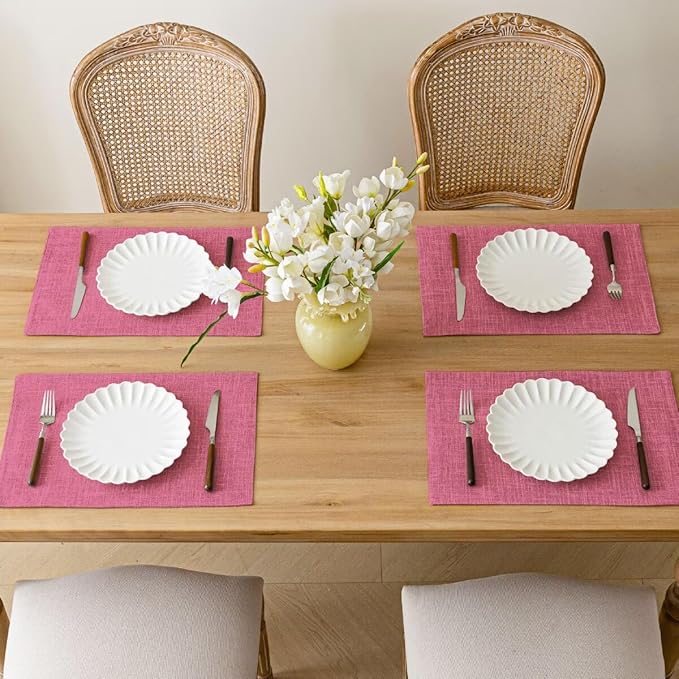 Placemats Set of 8, Bilayer Thickened Linen Place Mats Heat Resistant Machine Washable Wrinkle Free Carefully Selected Polyester Mats for Kitchen/Dining/Coffee Table (Pink)