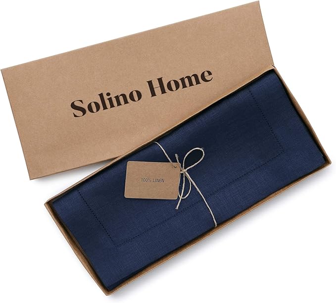 Solino Home Linen Navy Blue Table Runner 36 Inches - Classic Hemstitch, 100% Pure Linen Coffee Table Runner 14 x 36 Inch Ideal for Dresser Tables - Winter, Easter