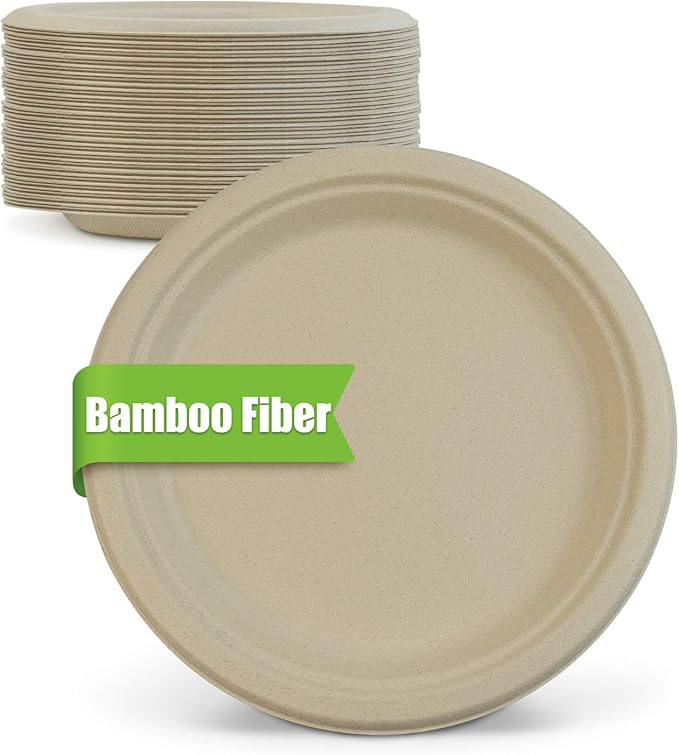 Green Earth, 9-Inch, 500-Count, Compostable Plates, Natural Bamboo Fibers, Everyday Tableware - Biodegradable Disposable Round Shape Microwave-Safe Gluten-Free Eco-Friendly