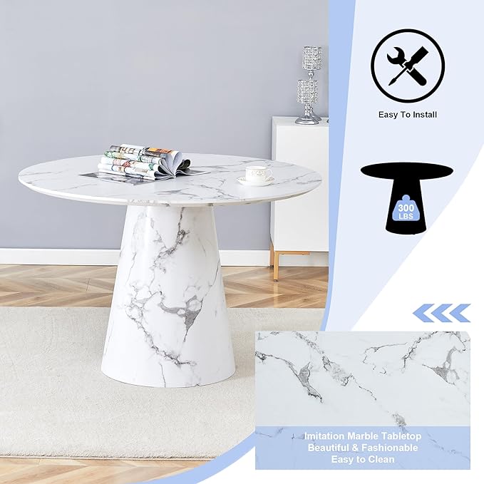 Round Dining Table Set for 6, 45" Modern Faux Marble Kitchen Table and Upholstered Chairs, 7 Piece Circle Dinner Set for Dining Room, Kitchen (White Set)