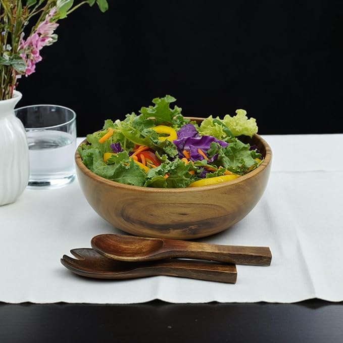 Acacia Wooden Salad Bowl Set – 9” Round Handcrafted Bowl with 2 Wood Servers, Rustic Durable Serveware for Salads, Fruit, Snacks & Everyday Dining, Gift-Ready Set of 3