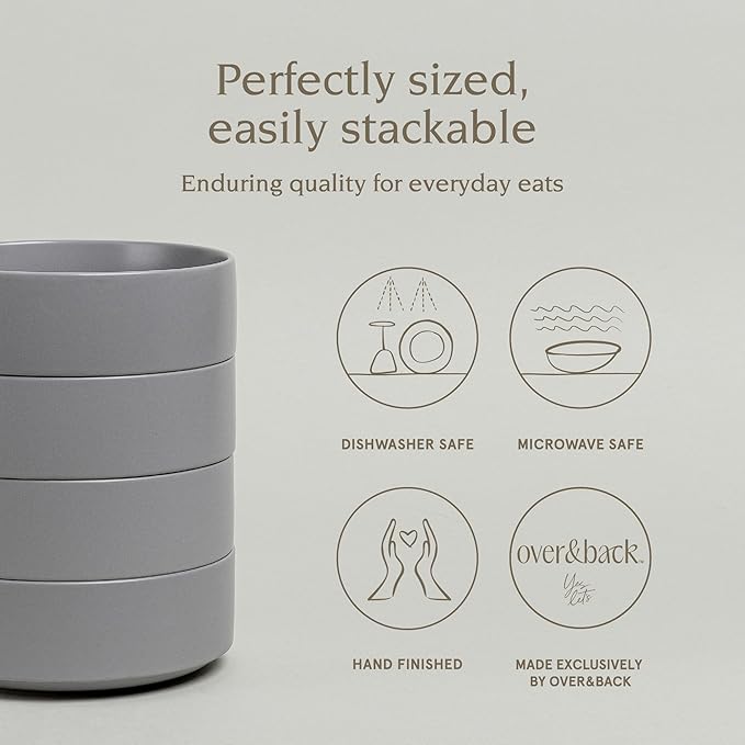 over&back Stackable Cereal Bowl Set - Stoneware Dishes - Comes with 4 Cereal Bowls - Easy-to-Stack Breakfast Place Settings - 6.2" x 6.2" x 2.2" - 25oz - Semi-Matte Charcoal