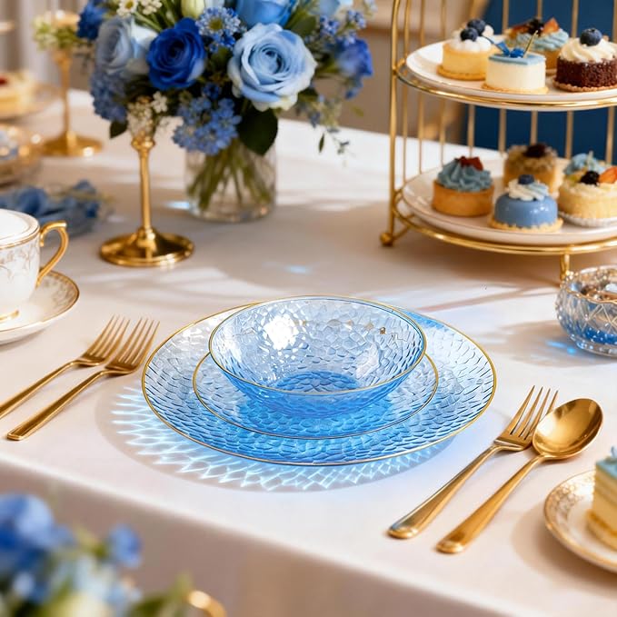 Tinybee 30 Pack Blue Plastic Bowls - Blue Disposable Bowls for Party with Gold Rim, 16-20oz Premium Hammered Bowls Disposable Heavy Duty, Plastic Salad Bowls for Milk Cereals, Snacks, Salads