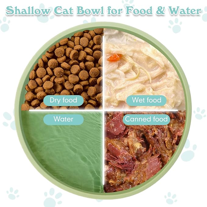 Silicone Cat Food Bowls Shallow Cat Dishes 5.9in Wide Pet Plates Set of 2 Small Flat Dog Saucer Bowl Cute Whisker Fatigue Kitten Feeding Dish for Dry & Wet Food (Round Bean Green)
