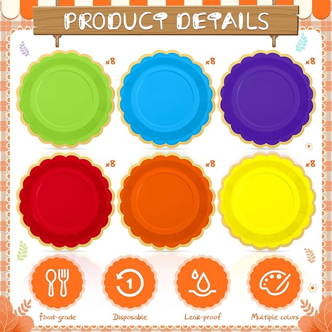 48 Pcs Rainbow Paper Plates 9 Inch Colorful Scalloped Paper Disposable Dinner Dessert Plates for Birthday Wedding Bridal Party Supplies, 6 Colors